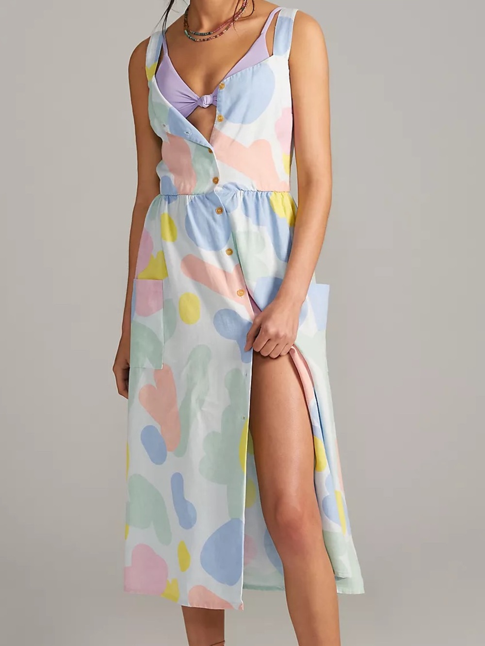 BOBO CHOSES Anthropologie linen lyocell button front midi dress abstract print S